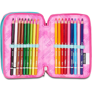 SEVEN 300102533 ASTUCCIO SEVEN GIRL LOVE TRIPLO ZIP, Viola Fucsia, Completo Di Penne, Matite, Colori