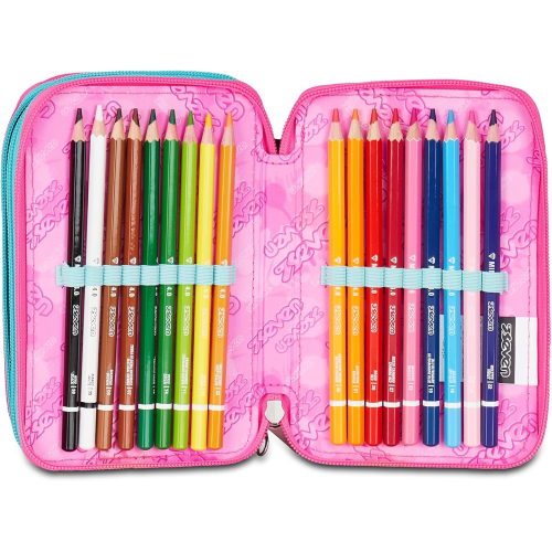 SEVEN 300102533 ASTUCCIO SEVEN GIRL LOVE TRIPLO ZIP, Viola Fucsia, Completo Di Penne, Matite, Colori