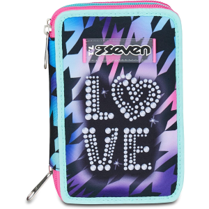 SEVEN 300102533 ASTUCCIO SEVEN GIRL LOVE TRIPLO ZIP, Viola Fucsia, Completo Di Penne, Matite, Colori