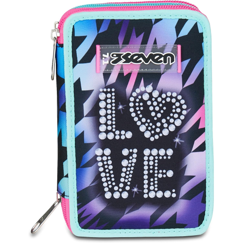 SEVEN 300102533 ASTUCCIO SEVEN GIRL LOVE TRIPLO ZIP, Viola Fucsia, Completo Di Penne, Matite, Colori