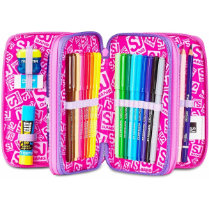 SEVEN 30C202511 ASTUCCIO SEVEN GIRL FUCSIA TRIPLO ZIP, Viola Fucsia, Completo Di Penne, Matite, Colori