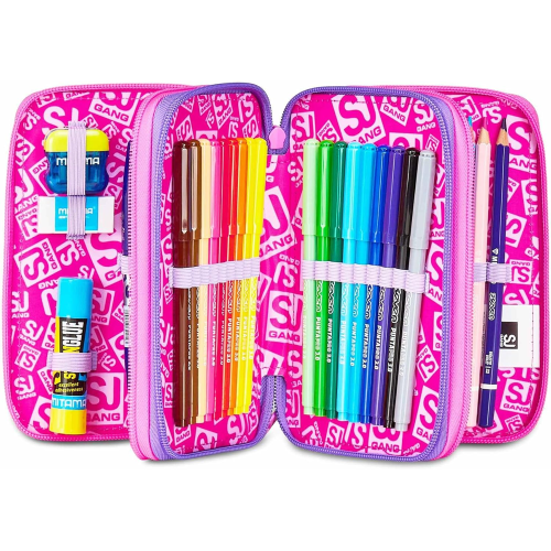 SEVEN 30C202511 ASTUCCIO SEVEN GIRL FUCSIA TRIPLO ZIP, Viola Fucsia, Completo Di Penne, Matite, Colori