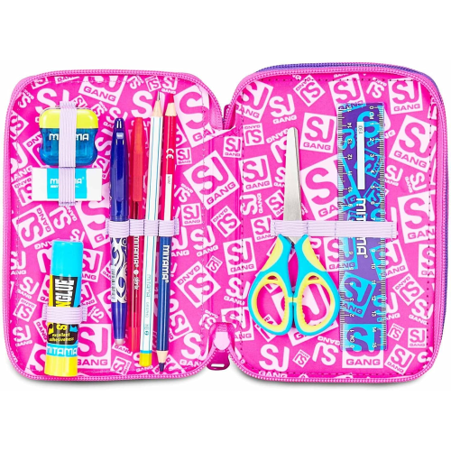 SEVEN 30C202511 ASTUCCIO SEVEN GIRL FUCSIA TRIPLO ZIP, Viola Fucsia, Completo Di Penne, Matite, Colori