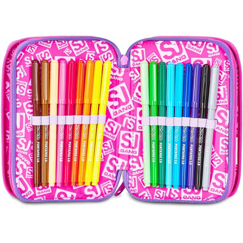SEVEN 30C202511 ASTUCCIO SEVEN GIRL FUCSIA TRIPLO ZIP, Viola Fucsia, Completo Di Penne, Matite, Colori