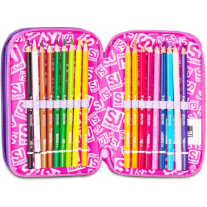 SEVEN 30C202511 ASTUCCIO SEVEN GIRL FUCSIA TRIPLO ZIP, Viola Fucsia, Completo Di Penne, Matite, Colori