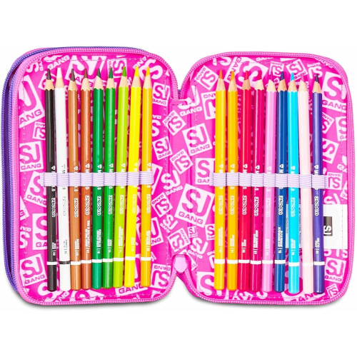 SEVEN 30C202511 ASTUCCIO SEVEN GIRL FUCSIA TRIPLO ZIP, Viola Fucsia, Completo Di Penne, Matite, Colori