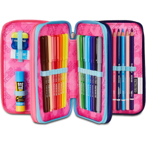 SEVEN 300102541 ASTUCCIO SEVEN GIRLVIOLA TRIPLO ZIP, Portapenne Triplo Scomparto Completo Di Penne, Matite, Colori, Accessori