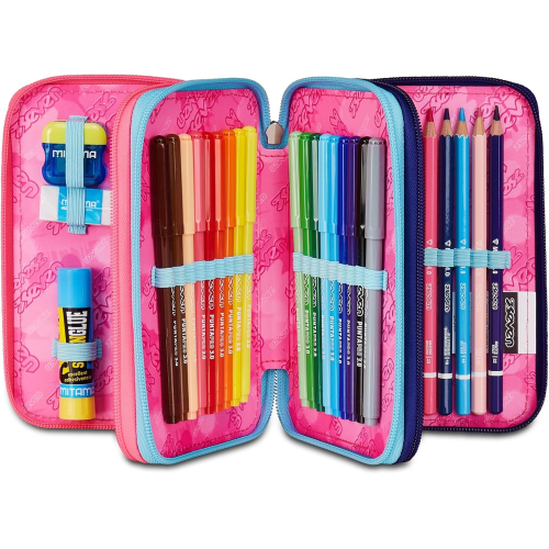 SEVEN 300102541 ASTUCCIO SEVEN GIRLVIOLA TRIPLO ZIP, Portapenne Triplo Scomparto Completo Di Penne, Matite, Colori, Accessori