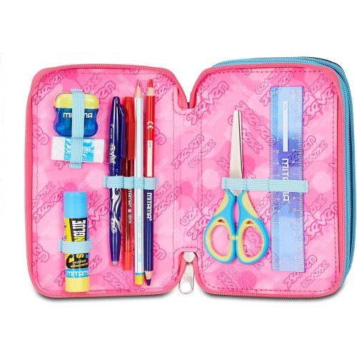 SEVEN 300102541 ASTUCCIO SEVEN GIRLVIOLA TRIPLO ZIP, Portapenne Triplo Scomparto Completo Di Penne, Matite, Colori, Accessori