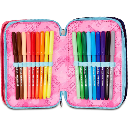 SEVEN 300102541 ASTUCCIO SEVEN GIRLVIOLA TRIPLO ZIP, Portapenne Triplo Scomparto Completo Di Penne, Matite, Colori, Accessori