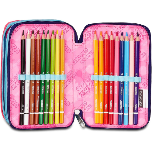 SEVEN 300102541 ASTUCCIO SEVEN GIRLVIOLA TRIPLO ZIP, Portapenne Triplo Scomparto Completo Di Penne, Matite, Colori, Accessori