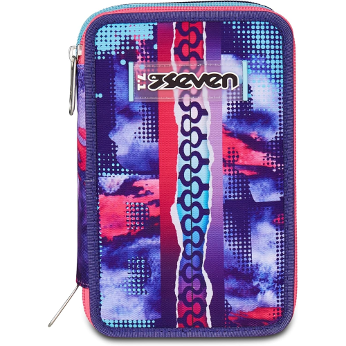 SEVEN 300102541 ASTUCCIO SEVEN GIRLVIOLA TRIPLO ZIP, Portapenne Triplo Scomparto Completo Di Penne, Matite, Colori, Accessori