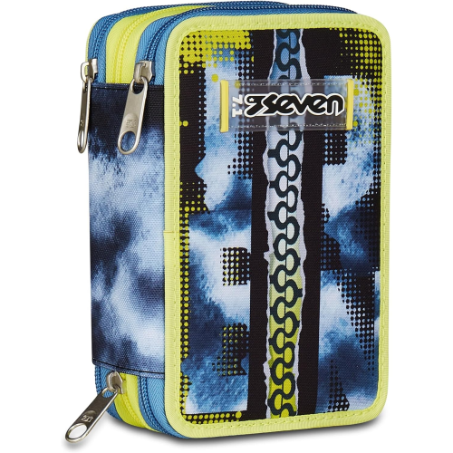 SEVEN 300102537 ASTUCCIO SEVEN GRIGIO TRIPLO ZIP, Portapenne Triplo Scomparto Completo Di Penne, Matite, Colori, Accessori