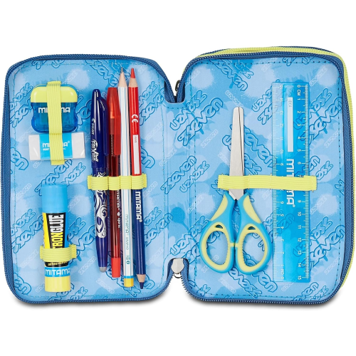 SEVEN 300102537 ASTUCCIO SEVEN GRIGIO TRIPLO ZIP, Portapenne Triplo Scomparto Completo Di Penne, Matite, Colori, Accessori