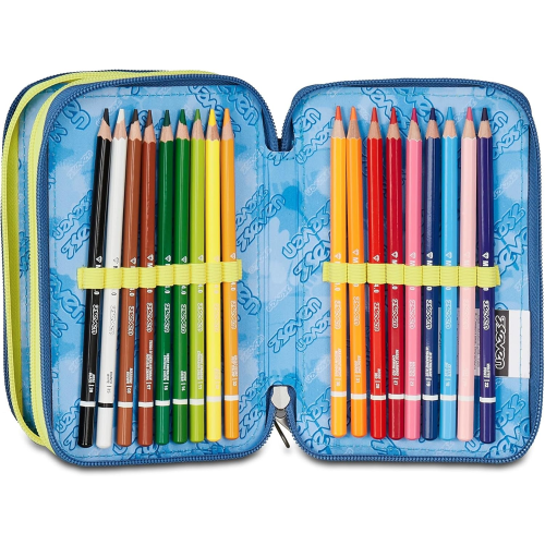 SEVEN 300102537 ASTUCCIO SEVEN GRIGIO TRIPLO ZIP, Portapenne Triplo Scomparto Completo Di Penne, Matite, Colori, Accessori