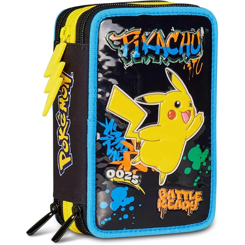 SEVEN 30G502501 ASTUCCIO POKEMON TRIPLO, Nero, Portapenne Completo Di Penne, Matite, Colori, Accessori