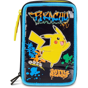 SEVEN 30G502501 ASTUCCIO POKEMON TRIPLO, Nero, Portapenne Completo Di Penne, Matite, Colori, Accessori