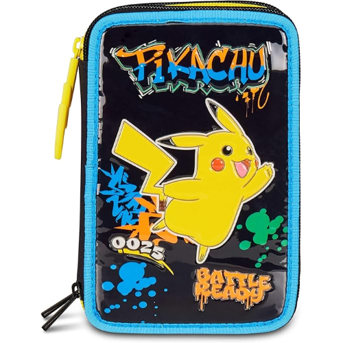 SEVEN 30G502501 ASTUCCIO POKEMON TRIPLO, Nero, Portapenne Completo Di Penne, Matite, Colori, Accessori