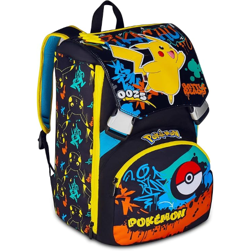 SEVEN 20G502501 ZAINO POKEMON, Doppio Scomparto Estensibile, Nero, Maxi Capienza, Schienale Preformato, Bambino, Scuola