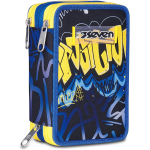 SEVEN 300102529 ASTUCCIO SEVEN BOY TRIPLO ZIP, Blu Giallo, Completo Di Penne, Matite, Colori, Accessori