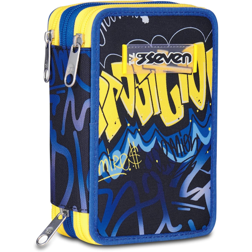 SEVEN 300102529 ASTUCCIO SEVEN BOY TRIPLO ZIP, Blu Giallo, Completo Di Penne, Matite, Colori, Accessori