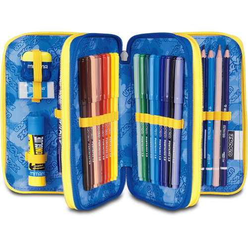 SEVEN 300102529 ASTUCCIO SEVEN BOY TRIPLO ZIP, Blu Giallo, Completo Di Penne, Matite, Colori, Accessori