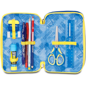SEVEN 300102529 ASTUCCIO SEVEN BOY TRIPLO ZIP, Blu Giallo, Completo Di Penne, Matite, Colori, Accessori