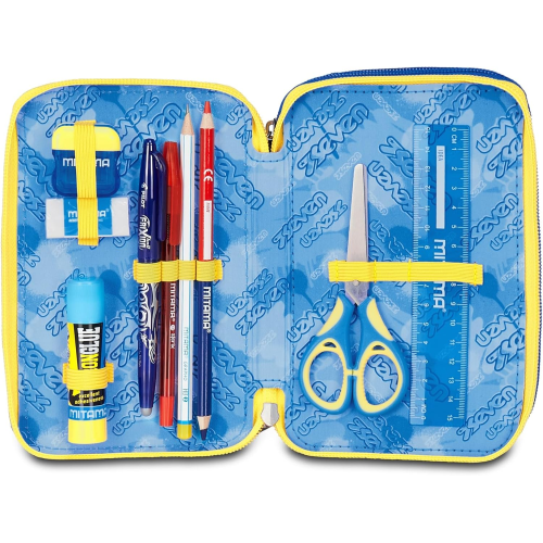 SEVEN 300102529 ASTUCCIO SEVEN BOY TRIPLO ZIP, Blu Giallo, Completo Di Penne, Matite, Colori, Accessori