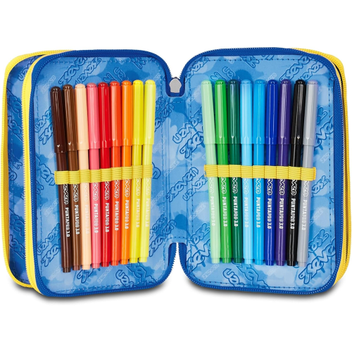 SEVEN 300102529 ASTUCCIO SEVEN BOY TRIPLO ZIP, Blu Giallo, Completo Di Penne, Matite, Colori, Accessori