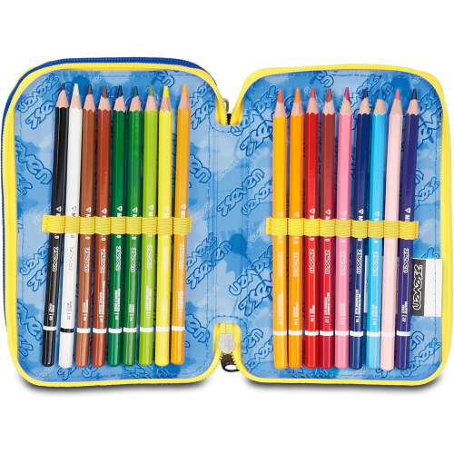 SEVEN 300102529 ASTUCCIO SEVEN BOY TRIPLO ZIP, Blu Giallo, Completo Di Penne, Matite, Colori, Accessori