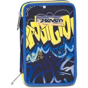 SEVEN 300102529 ASTUCCIO SEVEN BOY TRIPLO ZIP, Blu Giallo, Completo Di Penne, Matite, Colori, Accessori