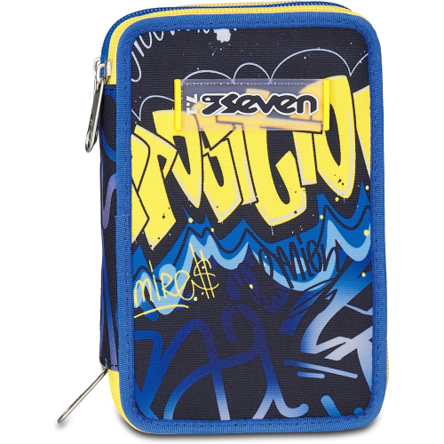 SEVEN 300102529 ASTUCCIO SEVEN BOY TRIPLO ZIP, Blu Giallo, Completo Di Penne, Matite, Colori, Accessori