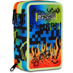 SEVEN 300102550 ASTUCCIO SEVEN BOY TRIPLO ZIP SCRIBBLED FLAME, Blu, Completo Di Penne, Matite, Colori, Accessori