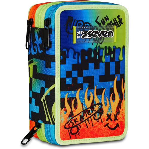 SEVEN 300102550 ASTUCCIO SEVEN BOY TRIPLO ZIP SCRIBBLED FLAME, Blu, Completo Di Penne, Matite, Colori, Accessori