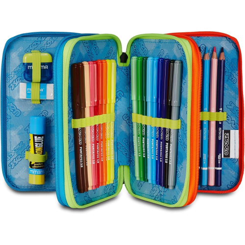 SEVEN 300102550 ASTUCCIO SEVEN BOY TRIPLO ZIP SCRIBBLED FLAME, Blu, Completo Di Penne, Matite, Colori, Accessori