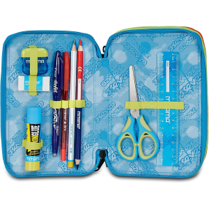 SEVEN 300102550 ASTUCCIO SEVEN BOY TRIPLO ZIP SCRIBBLED FLAME, Blu, Completo Di Penne, Matite, Colori, Accessori