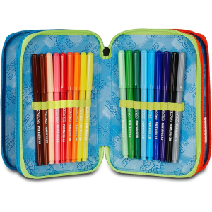 SEVEN 300102550 ASTUCCIO SEVEN BOY TRIPLO ZIP SCRIBBLED FLAME, Blu, Completo Di Penne, Matite, Colori, Accessori