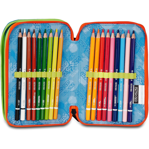 SEVEN 300102550 ASTUCCIO SEVEN BOY TRIPLO ZIP SCRIBBLED FLAME, Blu, Completo Di Penne, Matite, Colori, Accessori