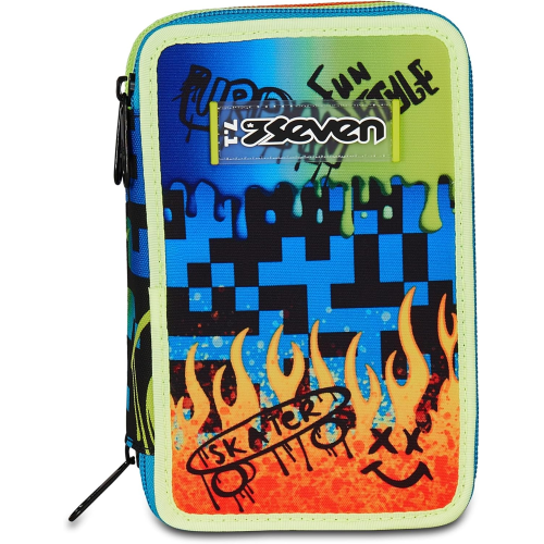 SEVEN 300102550 ASTUCCIO SEVEN BOY TRIPLO ZIP SCRIBBLED FLAME, Blu, Completo Di Penne, Matite, Colori, Accessori
