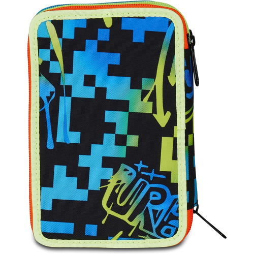 SEVEN 300102550 ASTUCCIO SEVEN BOY TRIPLO ZIP SCRIBBLED FLAME, Blu, Completo Di Penne, Matite, Colori, Accessori