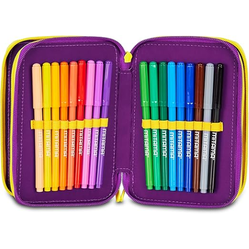 SEVEN 30J202508 ASTUCCIO SEVEN INSIDE OUT TRIPLO ZIP, Viola, Completo Di Penne, Matite, Colori, Accessori