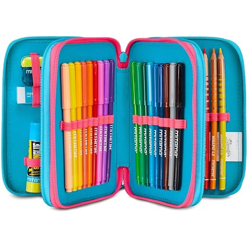 SEVEN 30H902500 ASTUCCIO SIRENETTA MERMAID MAGIC 3 Zip, Celeste, Completo Di Penne, Matite, Colori