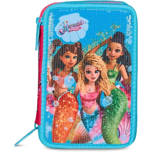 SEVEN 30H902500 ASTUCCIO SIRENETTA MERMAID MAGIC 3 Zip, Celeste, Completo Di Penne, Matite, Colori