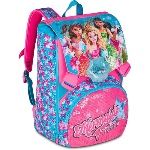 SEVEN 20H902501 ZAINO SIRENETTA MERMAID MAGIC, Doppio Scomparto Estensibile, Celeste, Maxi Capienza, Schienale Preformato