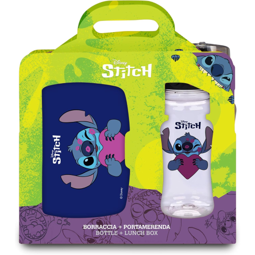 SEVEN SET PORTAMERENDA + BORRACCIA LILO & STICH BLU, per bambini, Divisorio interno, Borraccia 460ml con coperchio ermetico