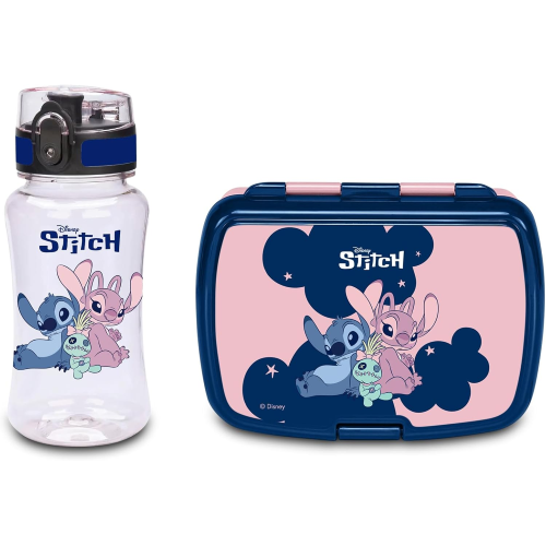 SEVEN SET PORTAMERENDA + BORRACCIA LILO & STICH ROSA, per bambini, Divisorio interno, Borraccia 460ml con coperchio ermetico