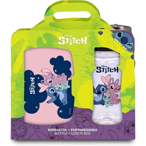 SEVEN SET PORTAMERENDA + BORRACCIA LILO & STICH ROSA, per bambini, Divisorio interno, Borraccia 460ml con coperchio ermetico