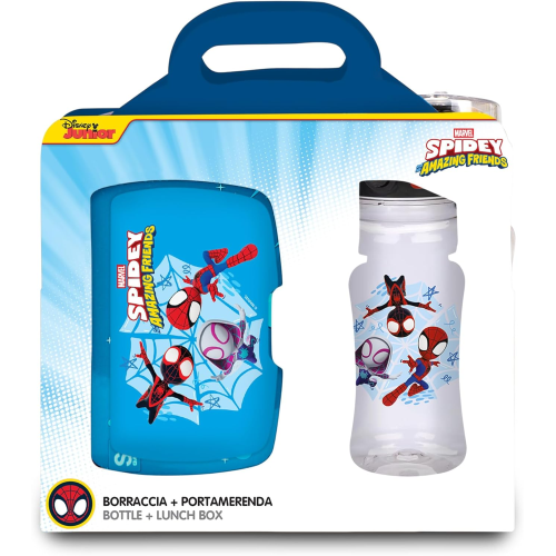 SEVEN SET PORTAMERENDA + BORRACCIA SPIDEY AMAZING FRIENDS, Divisorio interno, Borraccia 460ml ermetica, Facile da aprire