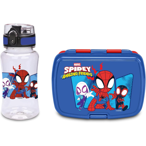 SEVEN SET PORTAMERENDA + BORRACCIA SPIDEY BLU AMAZING FRIENDS, Divisorio interno, Borraccia 460ml ermetica, Facile da aprire