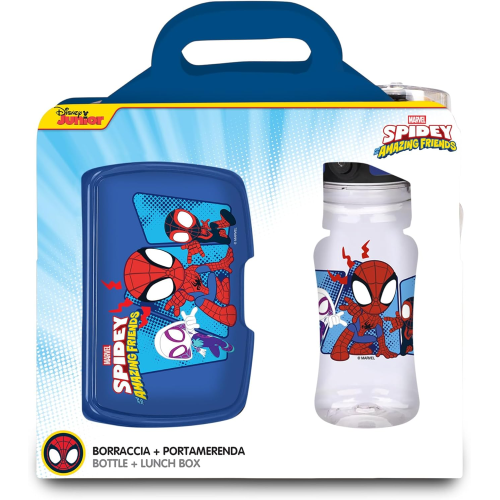 SEVEN SET PORTAMERENDA + BORRACCIA SPIDEY BLU AMAZING FRIENDS, Divisorio interno, Borraccia 460ml ermetica, Facile da aprire